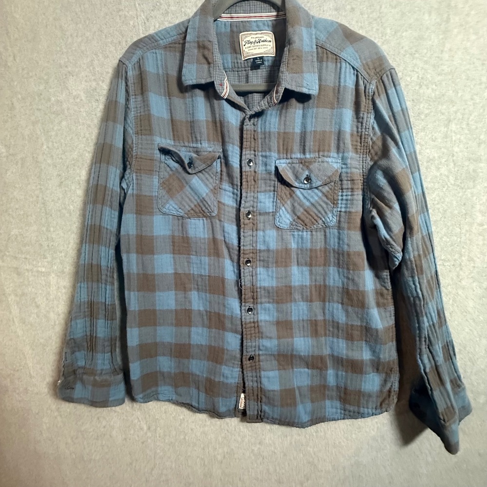 Flag & Anthem Mens Blue Brown Plaid Cotton Flannel Shirt COREWS400V Large
